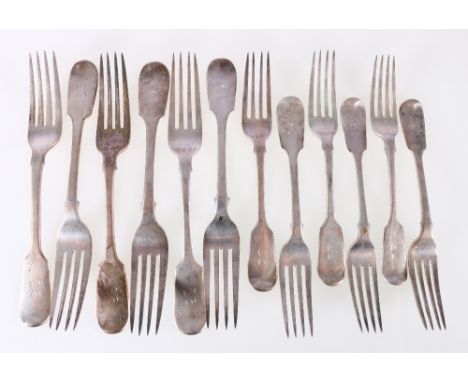 Set of six William IV silver table forks and six silver dessert forks of fiddle pattern, engraved initial S, 759g, London 183