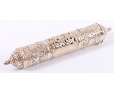 Indian silver perfumer, pierced and with repoussé and punched decoration of elephants and scrolling foliage, inscribed Mary a