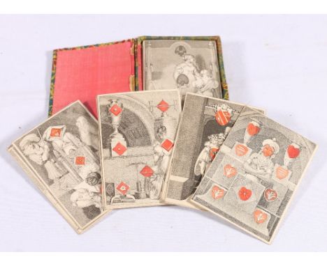 Pack of early 19th century 'Transformation' playing cards, the fifty-two mezzotint printed cards in black and white, some hig