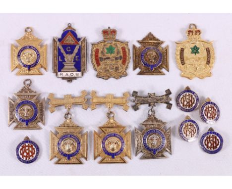 Royal Antediluvian Order of Buffaloes: set of five silver and enamel buttons and nine silver enamel badges, 221g, (11).