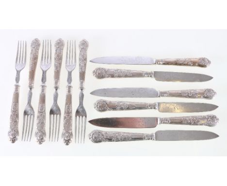 Silver handled set of twelve fruit knives and forks, the blades covered with foliate decoration, maker A.H. possibly 1837.