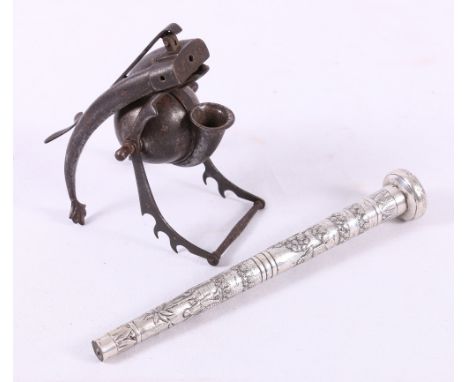 Indian silver cane handle decorated with repoussé scenes of village life, rubbed mark and a part Indo-Persian inkwell and pen