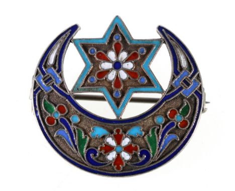 Russian 84 zolotnik silver and enamelled star and crescent moon brooch stamped HC 84 STAR, 13.1g, 3.5cm.