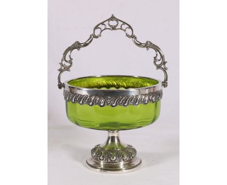 WMF silver plate mounted green glass pedestal bowl with swing handle, 17cm.