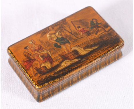 19th century snuff box titled 'Scotch Washing' with scene depicting figures doing laundry with tartan effect side, 8cm x 5cm 