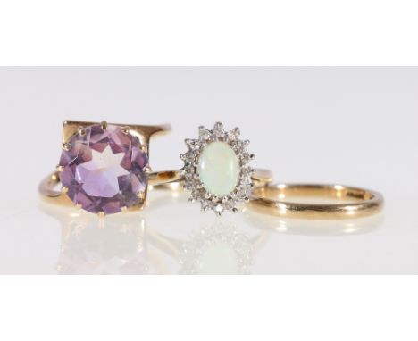 9ct gold opal and diamond ring, size N, 2.5g, 9ct gold faceted amethyst ring, size N, 4.24g and a 9ct gold wedding band, size