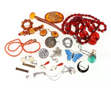 9ct gold and coral drop earrings, 930 grade silver and enamel butterfly brooch, Scottish silver targe brooch, amber and other