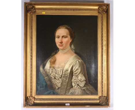 BRITISH SCHOOL (19TH CENTURY) Portrait of a lady wearing a pearl necklaceOil on canvas, 64cm x 49cm
