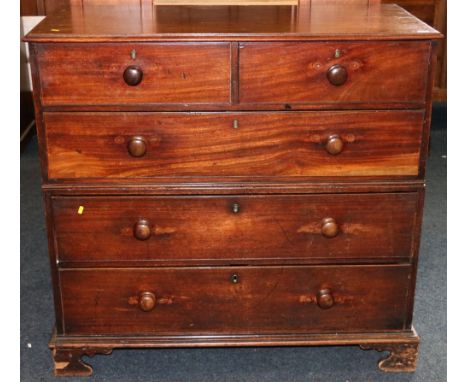 George III mahogany chest, with brass carrying handles to top and bottom sections, on bracket feet (later altered), 110cm x 1