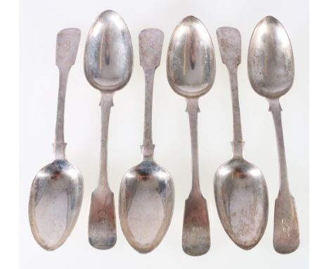 Set of six William IV silver fiddle pattern table spoons,engraved with initial S, 435g gross,Edinburgh 1830, maker Hodges, (D