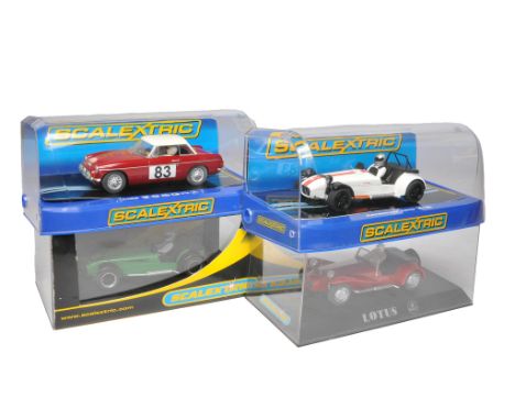 Scalextric slot car issues comprising MGB 1964 Monte Carlo Rally, Caterham R500, Lotus 7 classic Red plus Caterham 7 '30th An