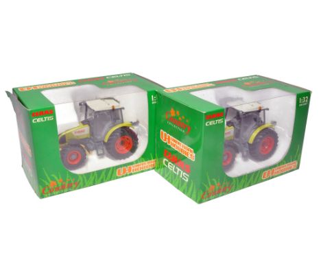 Universal Hobbies 1/32 farm model duo comprising Claas Celtis 446 Tractor x 2. Both excellent and secure in boxes.