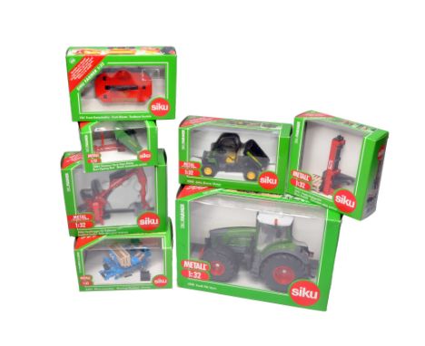 Siku 1/32 farm model issues comprising a Fendt Tractor and selection of implements. All excellent in boxes.