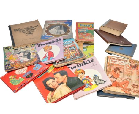 A collection of mainly vintage children's themed books with other paper based items, as shown. Includes first edition of The 