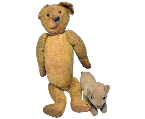 Duo of early woodwool bears c1915 to include a golden mohair teddy bear, height 20”(51cm). Boot button eyes, rectangular nose