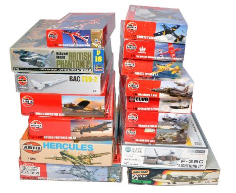 A group of sixteen plastic model kits from Airfix, Matchbox, Hasegawa. Mostly sealed bags with transfers and instructions oth