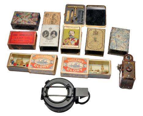 An interesting selection of vintage bygones comprising miniature London scenes x 2 (in Matchboxes), Coronet Midget Camera, Sh