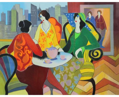 ITZCHAK TARKAY (1935-2012) Israeli, Ladies at Tea, limited edition print, signed, numbered 76/450, framed and glazed. 55 x 46
