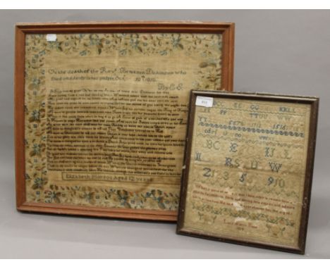 A Victorian sampler and a 19th century needlework commemorative panel inscribed 'On the Death of the Revd Benjamin Dickinson 