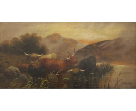 A pair of Victorian Sheep and Highland Cattle Scenes, oils on canvas, each signed R Moulle?, each framed. 60 x 30 cm.
