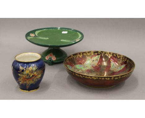 An Eichwald tazza, a Devon Fieldings lustre bowl and a Carltonware vase. The latter 11 cm high.