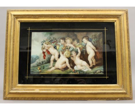 A Victorian reverse glass print of Bacchic Putto, framed. 43 x 31.5 cm overall.