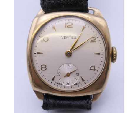 A vintage 9 ct gold Vertex gentleman's wristwatch. 3 cm wide. 32.6 grammes total weight.