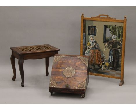A tapestry inset fire screen, a coal box and a stool. The former 80.5 cm high.