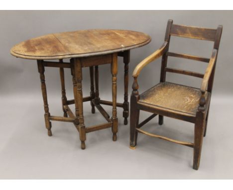 A small oak gate leg table and a 19th century Country chair. The former 59 cm long.