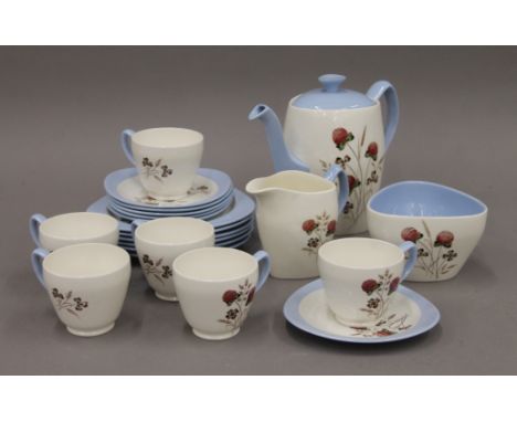 A Copeland Spode Summer Days pattern tea set. The teapot 15 cm high.