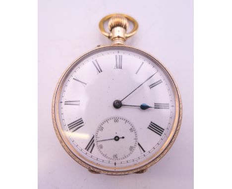 A 14 K gold open faced pocket watch. 4.5 cm diameter. 79.3 grammes total weight.