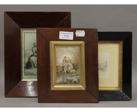 An 18th century pencil sketch of a lady, a pencil sketch of Boats on a Lake and a coloured print. Each framed and glazed. The