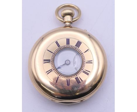 A Chaplin and Sons 18 K gold half hunter pocket watch, hallmarked for Sheffield 1869, serial number 3550. 4.25 cm diameter. 8