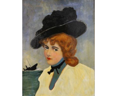 An Elegant Lady with Sinking Ship and Iceberg in the Background, varnished print, framed. 29 x 40 cm.