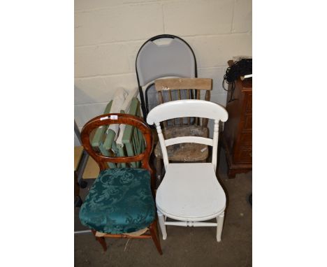 MIXED LOT: VICTORIAN BALLOON BACK DINING CHAIR, VICTORIAN STICK BACK CHAIR, WHITE PAINTED CHAIR, AND TWO FOLDING CHAIRS (5)