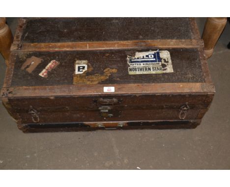 VINTAGE WOODEN BOUND TRAVEL TRUNK, 76CM WIDE