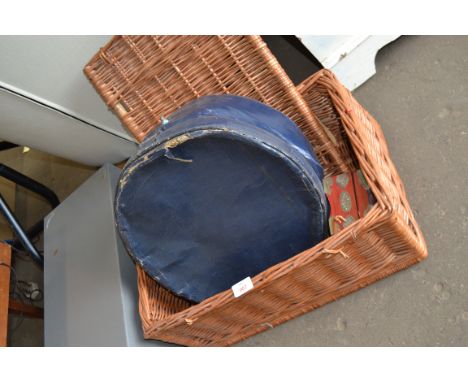 VINTAGE WICKER PICNIC HAMPER, A VINTAGE HAT BOX AND A SMALL MODERN ORIENTAL JEWELLERY BOX (3)