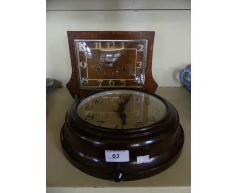 A Smiths eight day bakelite cased circular wall clock, together with a further Art Deco mantel clock with specimen wood venee