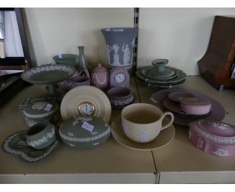 A collection of various 20th Century Wedgwood Jasperware in pink, green, yellow, mauve, grey, to include various dishes, cove