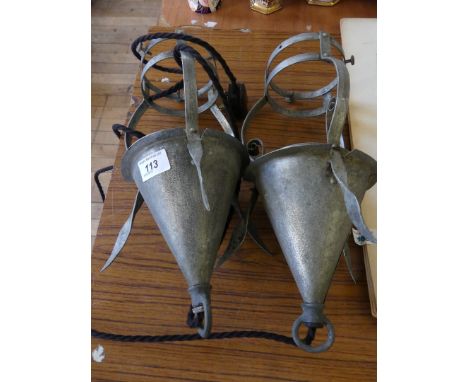 A pair of aesthetic movement hanging metal ceiling light fittings, converted from oil   CONDITION REPORT:  18cm from top of f