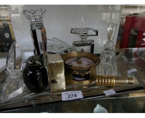 A mixed lot comprising an Art Deco clear and black glass dressing table tray with accompanying candlestick and trinket box, t