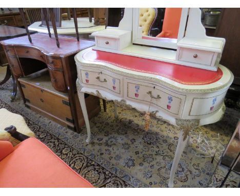 A modern white painted kidney shaped dressing table with red leather inset to top