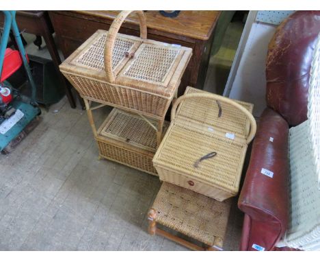 A mixed lot comprising a wicker sewing box, wicker picnic hamper, small foot stool and a wine rack constructed from horseshoe