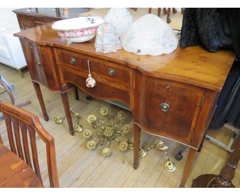 A reproduction yewood veneered D-end twin pillar extending dining table with one extra leaf together with eight dining chairs