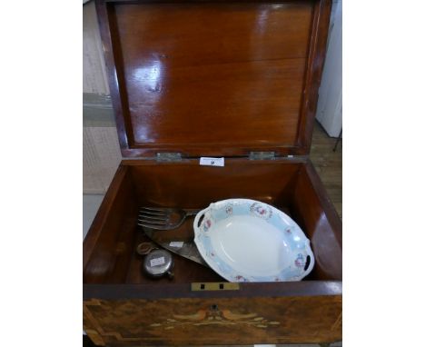 A 20th Century continental burr walnut and specimen wood inlaid box of hinged rectangular form, containing assorted items to 