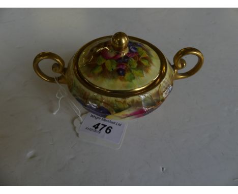 A miniature Aynsley fruit and gilt decorated double handled covered sugar basin bearing signature N. Brunt.