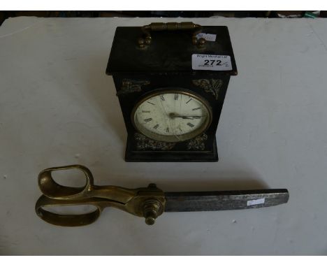Wilkinson & Son Sheffield, vintage dressmakers brass handled scissors, together with a small mantel clock in ebonised case (2