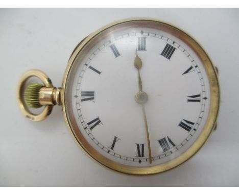 An early 20th century 12ct gold keyless wound fob watch, having a white enamel dial with Roman numerals, the case back with i