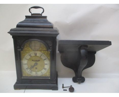 An early/mid 18th century bracket clock by William Hawkins, St Edmunds, Bury, with original wall bracket. The black lacquered