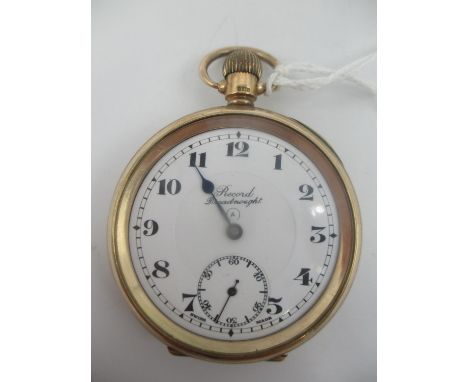 An early 20th century Record Dreadnought, 9ct gold open faced pocket watch having a white enamel dial with blued hands and su